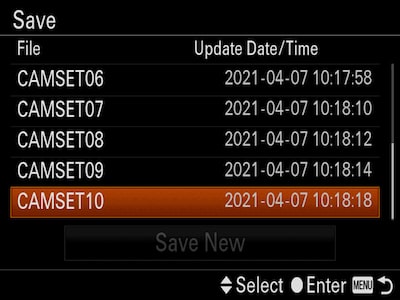 커서가 "CAMSET10"에 있는 "저장" 카메라 메뉴
